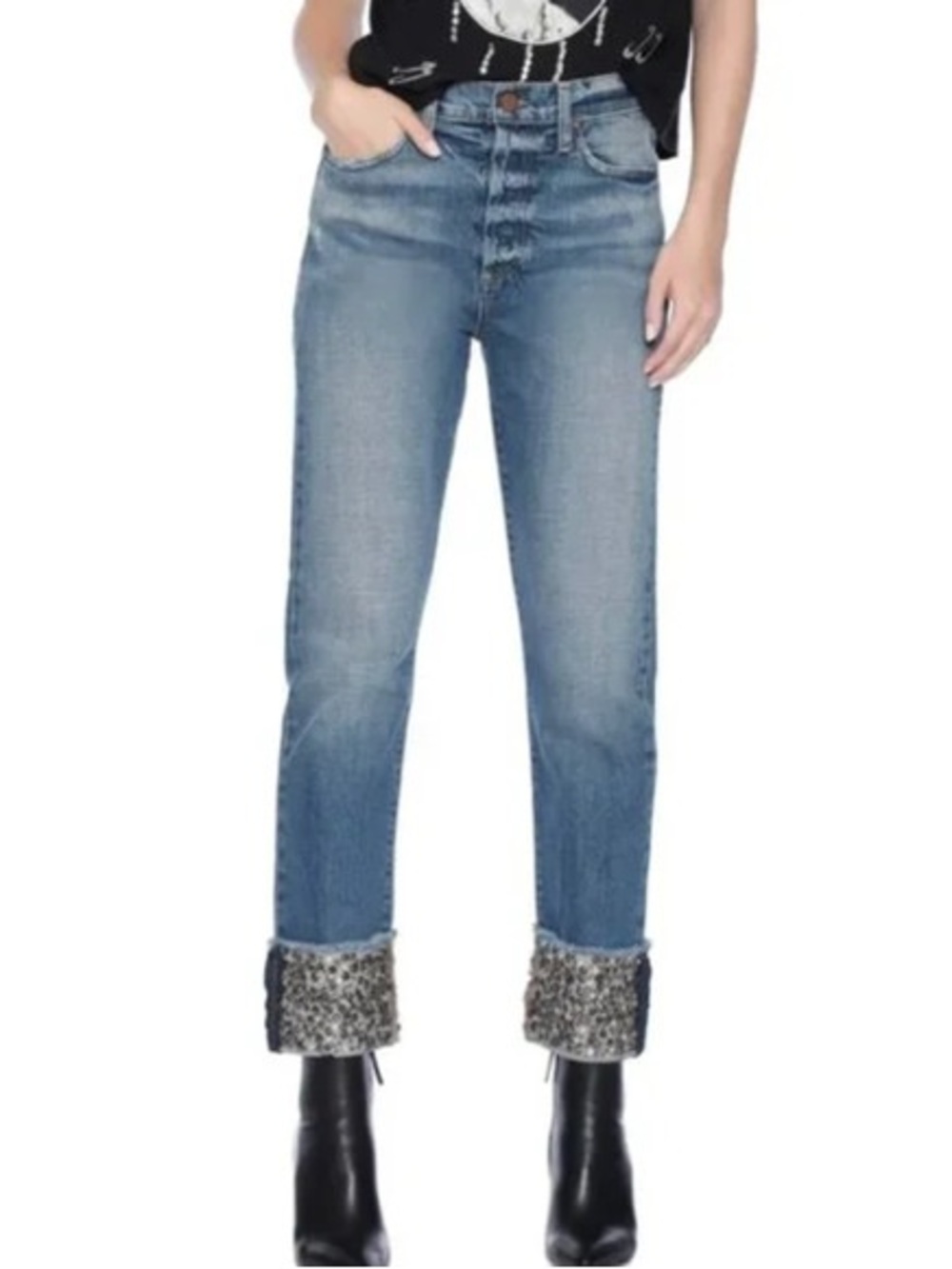Alice + Olivia Straight Leg Jeans with Sequin Cuffed Hem in Light Blue
